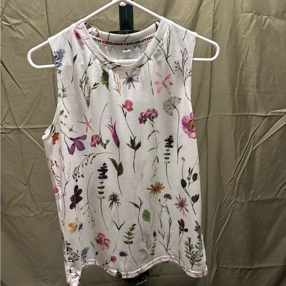 Floral Print Sleeveless Muscle Tee - White